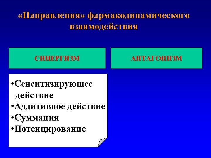 «Направления» фармакодинамического взаимодействия СИНЕРГИЗМ • Сенситизирующее действие • Аддитивное действие • Суммация •