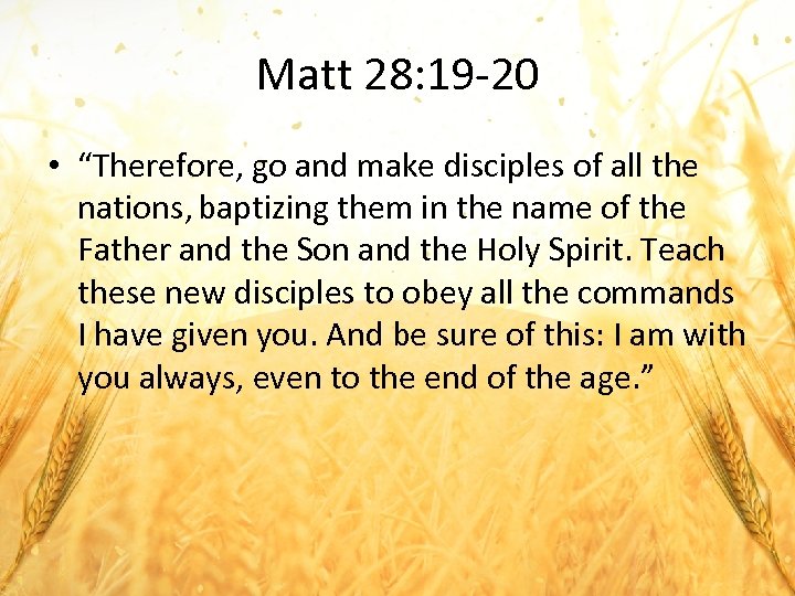 Matt 28: 19 -20 • “Therefore, go and make disciples of all the nations,