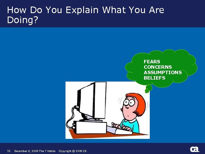 How Do You Explain What You Are Doing? FEARS CONCERNS ASSUMPTIONS BELIEFS 32 December