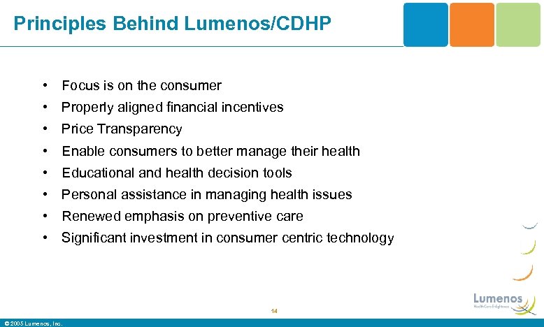 Principles Behind Lumenos/CDHP • Focus is on the consumer • Properly aligned financial incentives