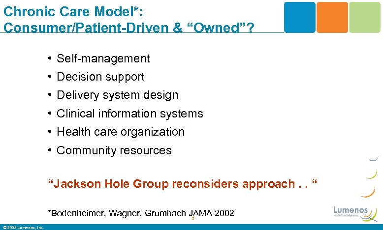 Chronic Care Model*: Consumer/Patient-Driven & “Owned”? • Self-management • Decision support • Delivery system