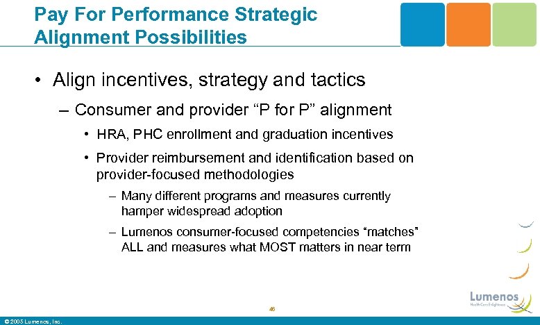 Pay For Performance Strategic Alignment Possibilities • Align incentives, strategy and tactics – Consumer