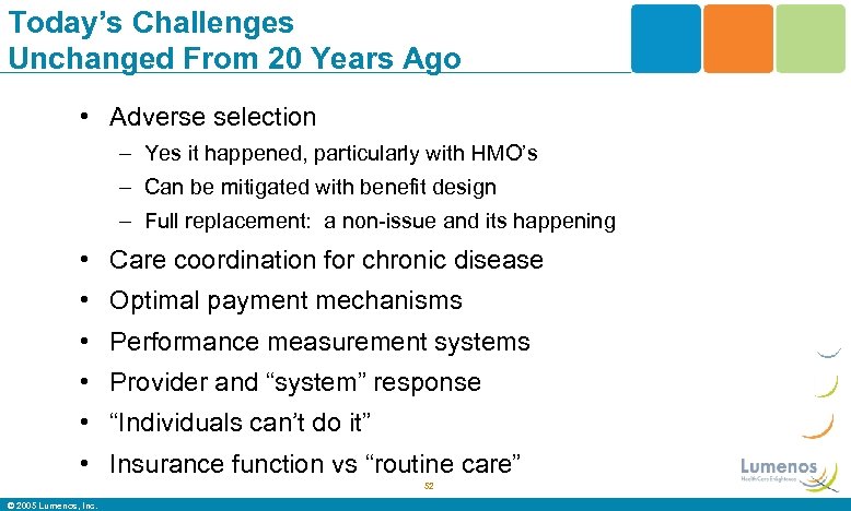 Today’s Challenges Unchanged From 20 Years Ago • Adverse selection – Yes it happened,