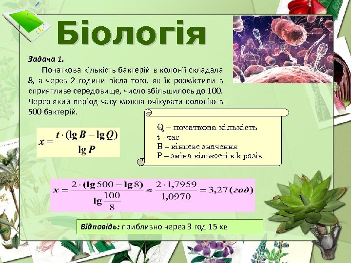 Біологія Задача 1. Початкова кількість бактерій в колонії складала 8, а через 2 години