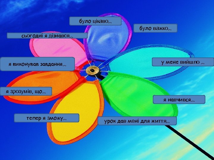 було цікаво… сьогодні я дізнався… я виконував завдання… було важко… у мене вийшло …