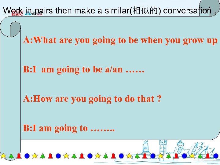 Work in pairs then make a similar(相似的) conversation. A: What are you going to