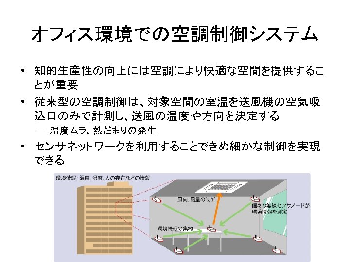 オフィス環境での空調制御システム • 知的生産性の向上には空調により快適な空間を提供するこ とが重要 • 従来型の空調制御は、対象空間の室温を送風機の空気吸 込口のみで計測し、送風の温度や方向を決定する – 温度ムラ、熱だまりの発生 • センサネットワークを利用することできめ細かな制御を実現 できる 