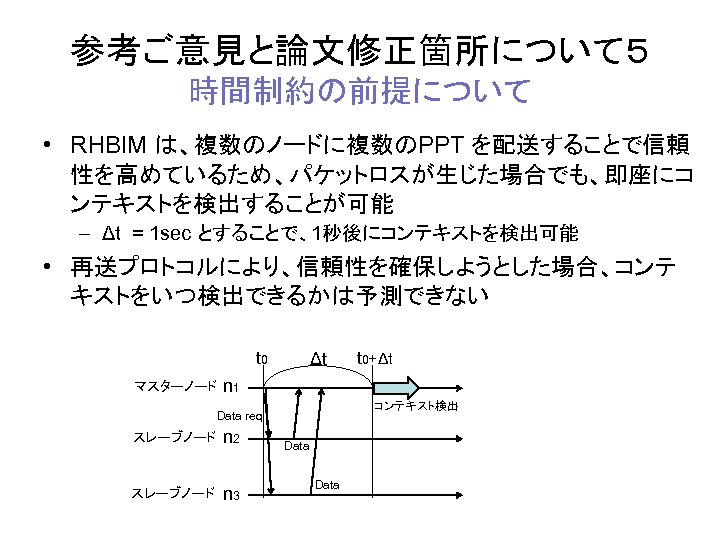 参考ご意見と論文修正箇所について５ 時間制約の前提について • RHBIM は、複数のノードに複数のPPT を配送することで信頼 性を高めているため、パケットロスが生じた場合でも、即座にコ ンテキストを検出することが可能 – Δt = 1 sec とすることで、1秒後にコンテキストを検出可能