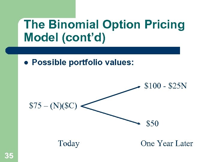 The Binomial Option Pricing Model (cont’d) l Possible portfolio values: $100 - $25 N