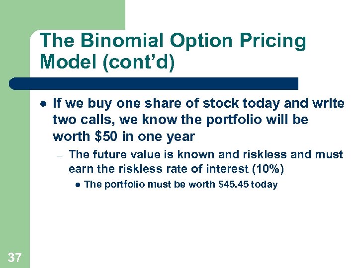 The Binomial Option Pricing Model (cont’d) l If we buy one share of stock