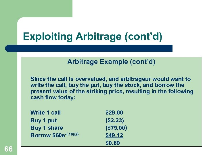 Exploiting Arbitrage (cont’d) Arbitrage Example (cont’d) Since the call is overvalued, and arbitrageur would