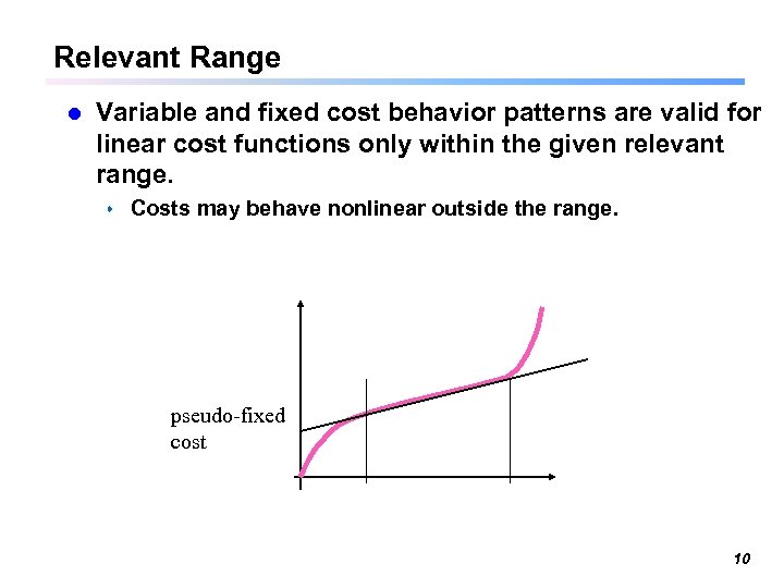 Relevant Range l Variable and fixed cost behavior patterns are valid for linear cost