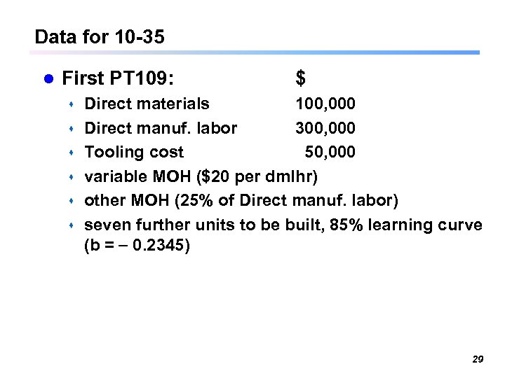 Data for 10 -35 l First PT 109: s s s $ Direct materials