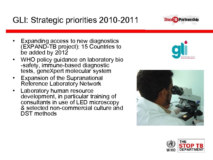 GLI: Strategic priorities 2010 -2011 • Expanding access to new diagnostics (EXPAND-TB project): 15