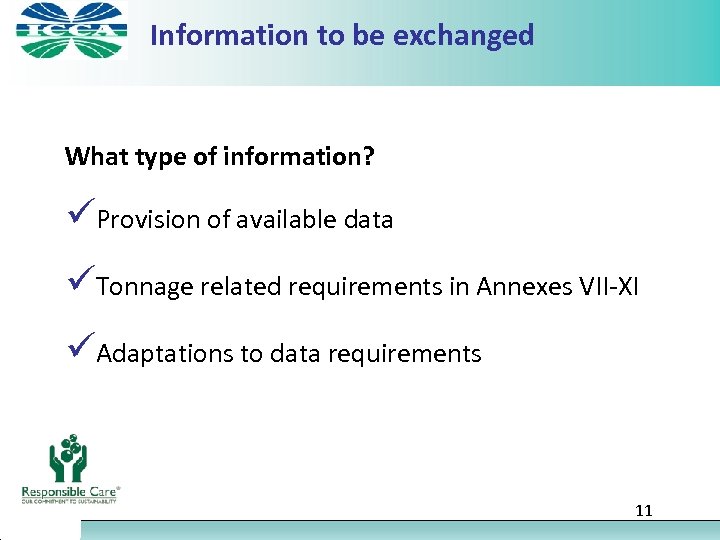 Information to be exchanged What type of information? üProvision of available data üTonnage related