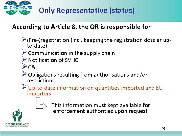 Only Representative (status) According to Article 8, the OR is responsible for Ø(Pre-)registration (incl.