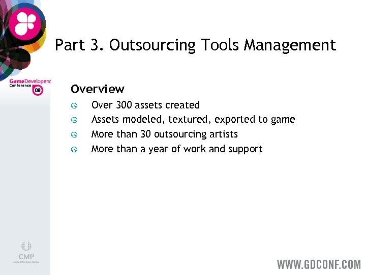 Part 3. Outsourcing Tools Management Overview > > Over 300 assets created Assets modeled,