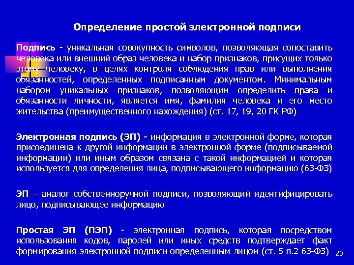 Определение простой электронной подписи Подпись - уникальная совокупность символов, позволяющая сопоставить человека или внешний