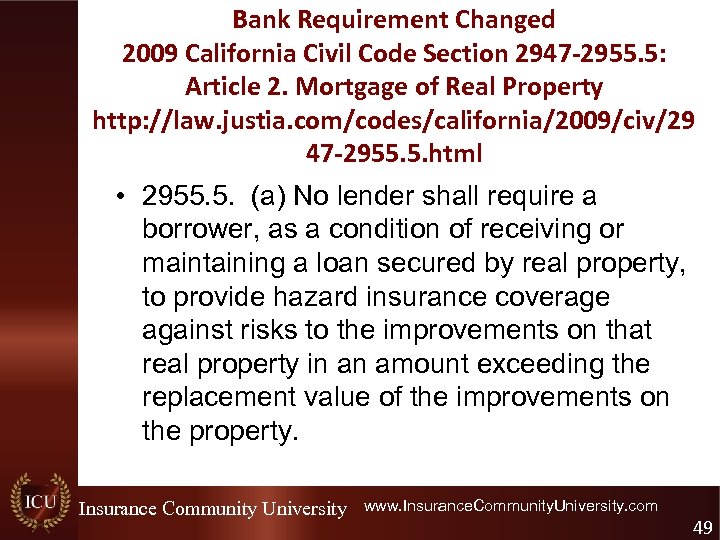 Bank Requirement Changed 2009 California Civil Code Section 2947 -2955. 5: Article 2. Mortgage