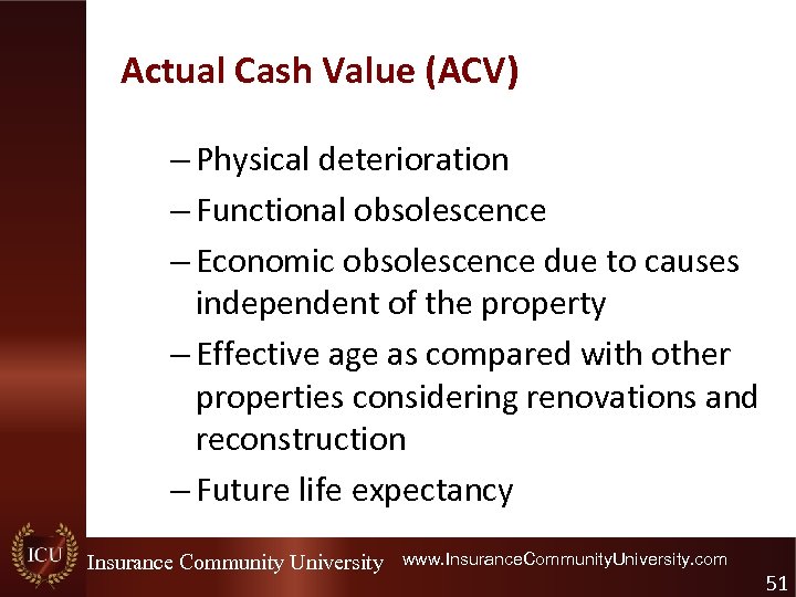 Actual Cash Value (ACV) – Physical deterioration – Functional obsolescence – Economic obsolescence due
