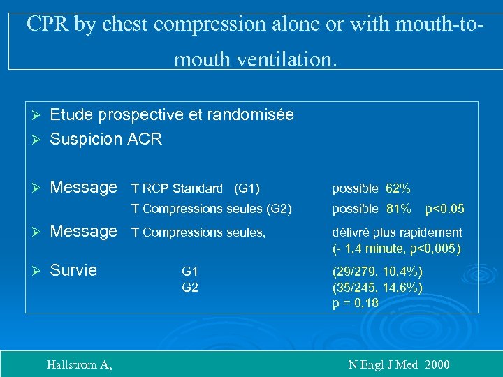 CPR by chest compression alone or with mouth-tomouth ventilation. Etude prospective et randomisée Ø