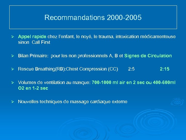 Recommandations 2000 -2005 Ø Appel rapide chez l’enfant, le noyé, le trauma, intoxication médicamenteuse