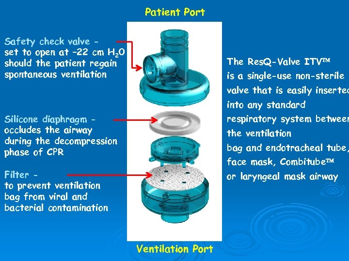 Patient Port Safety check valve set to open at – 22 cm H 20