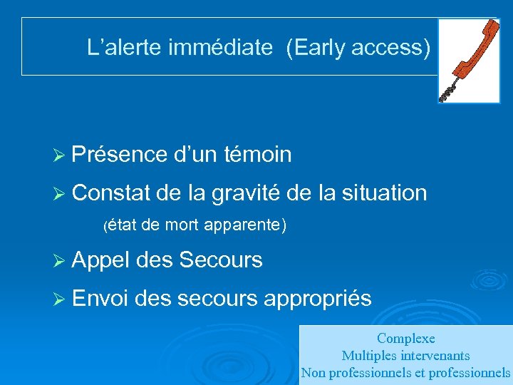 L’alerte immédiate (Early access) Ø Présence d’un témoin Ø Constat de la gravité de