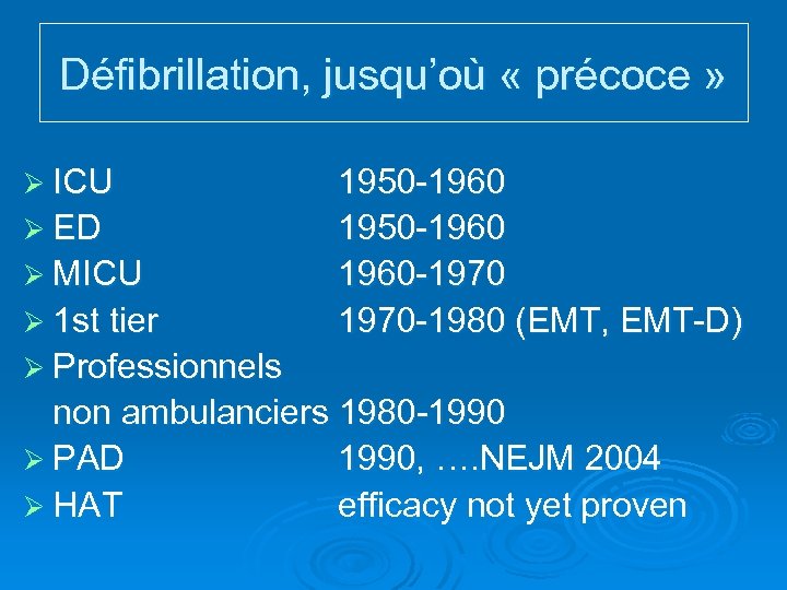 Défibrillation, jusqu’où « précoce » Ø ICU Ø ED Ø MICU Ø 1 st