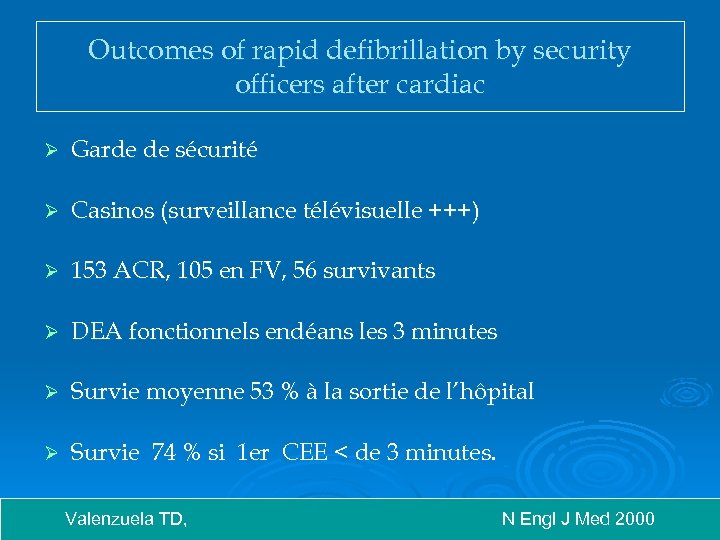 Outcomes of rapid defibrillation by security officers after cardiac Ø Garde de sécurité Ø