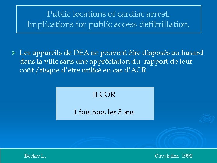 Public locations of cardiac arrest. Implications for public access defibrillation. Ø Les appareils de