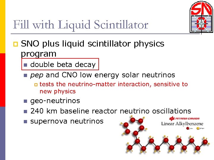 Fill with Liquid Scintillator p SNO plus liquid scintillator physics program n n double
