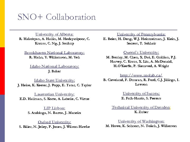 SNO+ Collaboration University of Alberta: University of Pennsylvania: R. Hakobyan, A. Hallin, M. Hedayatipoor,
