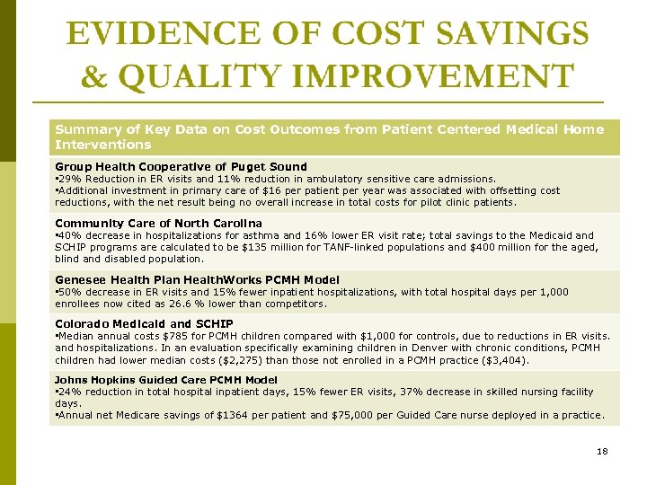 Summary of Key Data on Cost Outcomes from Patient Centered Medical Home Interventions Group