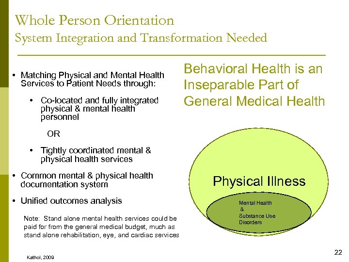 Whole Person Orientation System Integration and Transformation Needed • Matching Physical and Mental Health
