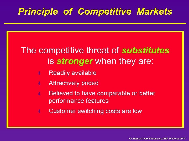 Principle of Competitive Markets The competitive threat of substitutes is stronger when they are: