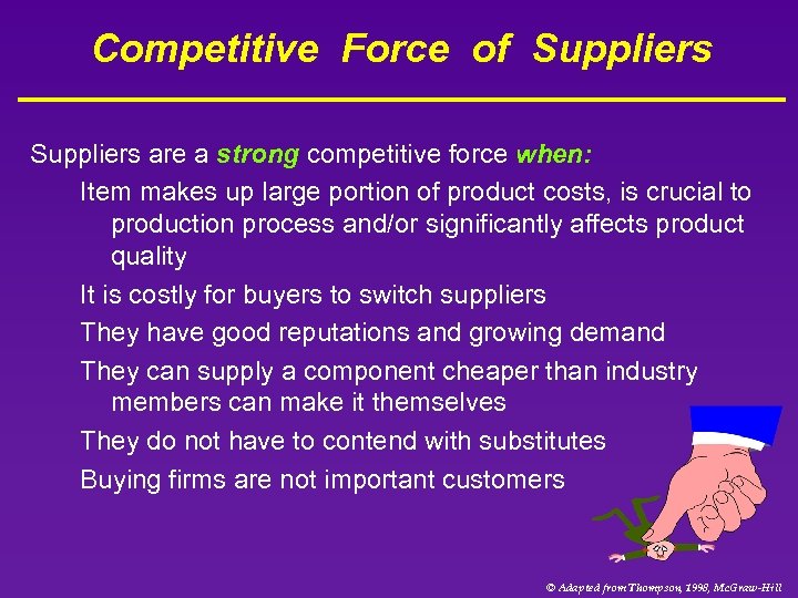 Competitive Force of Suppliers are a strong competitive force when: Item makes up large