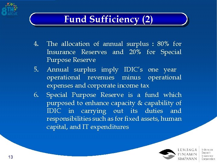 Fund Sufficiency (2) 4. 5. 6. 13 The allocation of annual surplus : 80%