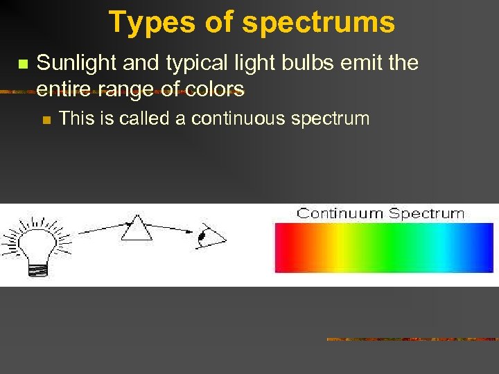 Types of spectrums n Sunlight and typical light bulbs emit the entire range of