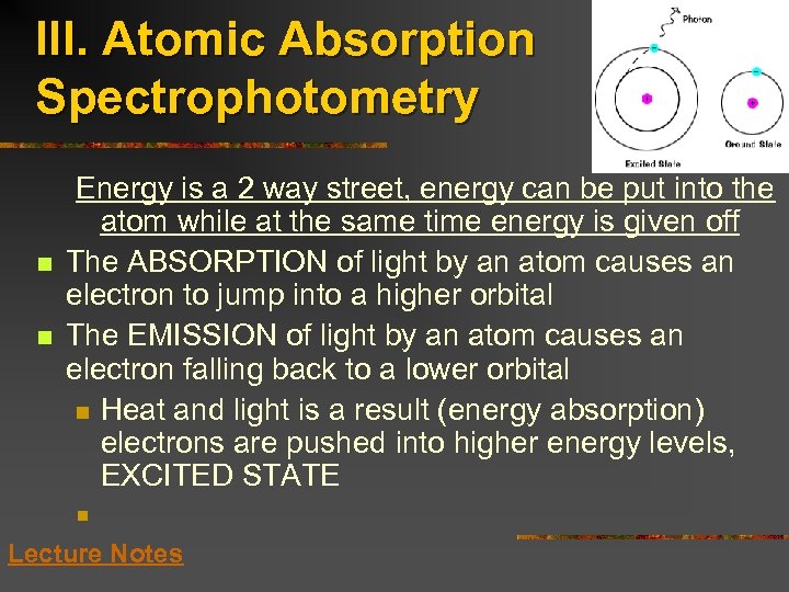 III. Atomic Absorption Spectrophotometry n n Energy is a 2 way street, energy can