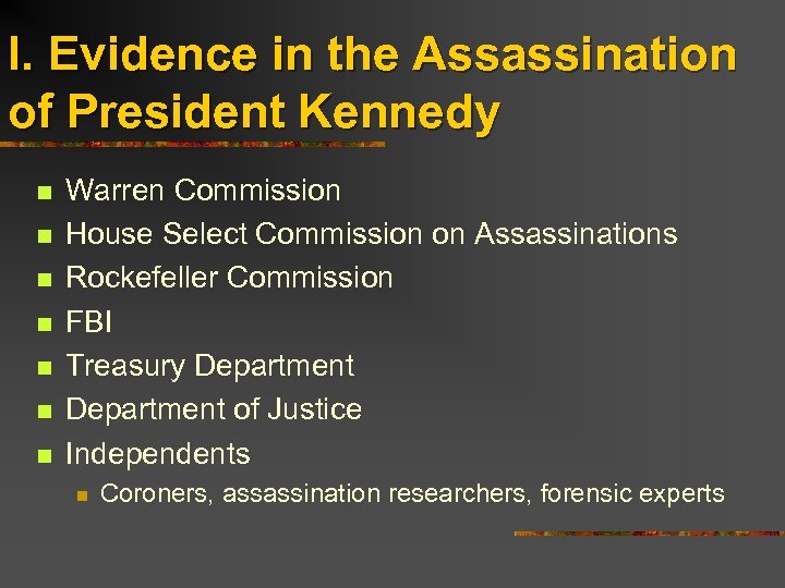 I. Evidence in the Assassination of President Kennedy n n n n Warren Commission