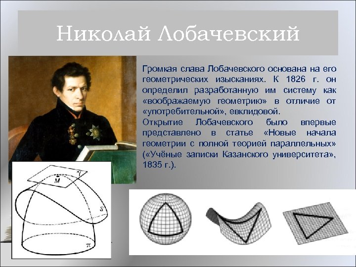 Николай Лобачевский Громкая слава Лобачевского основана на его геометрических изысканиях. К 1826 г. он