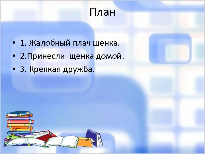 План • 1. Жалобный плач щенка. • 2. Принесли щенка домой. • 3. Крепкая