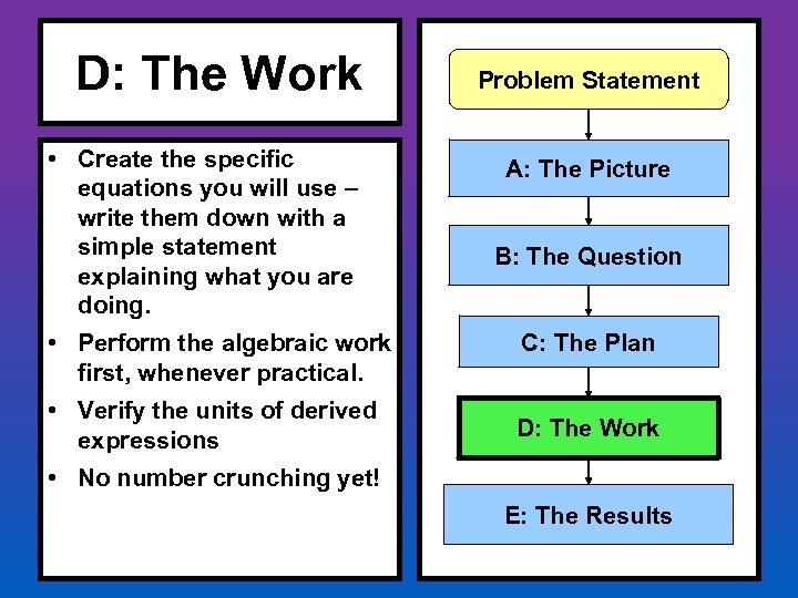 D: The Work • Create the specific equations you will use – write them