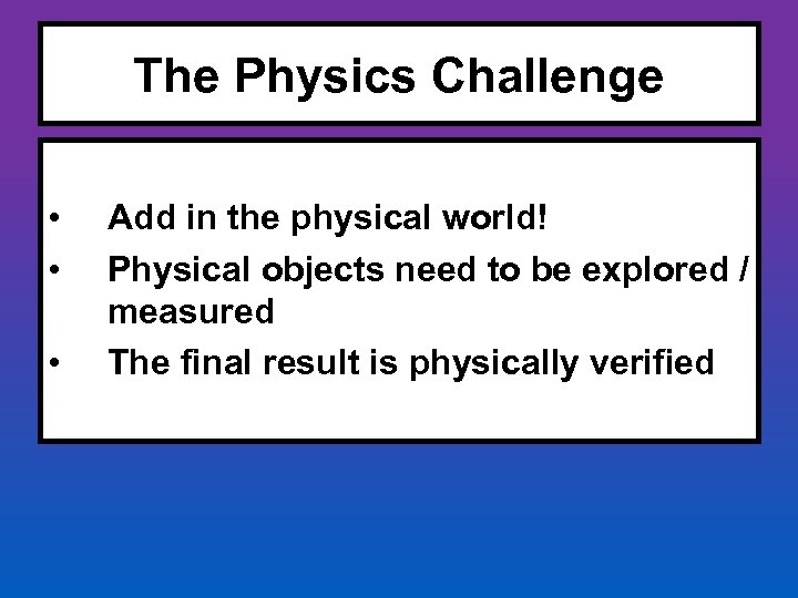 The Physics Challenge • • • Add in the physical world! Physical objects need