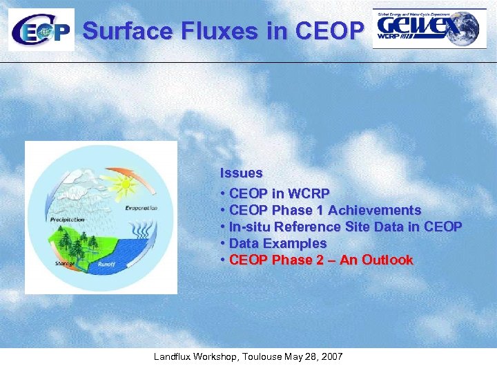 Surface Fluxes in CEOP Issues • CEOP in WCRP • CEOP Phase 1 Achievements