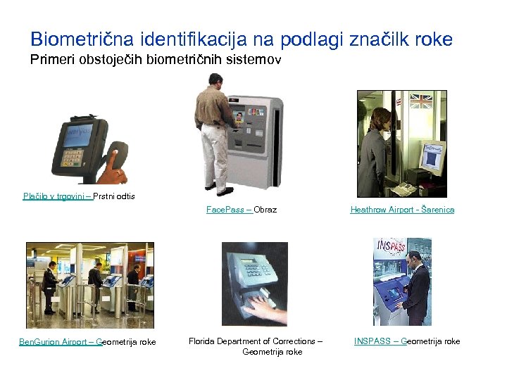 Biometrična identifikacija na podlagi značilk roke Primeri obstoječih biometričnih sistemov Plačilo v trgovini –