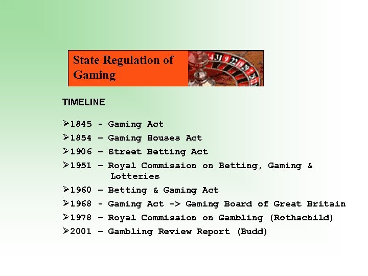 State Regulation of Gaming TIMELINE Ø 1845 Ø 1854 Ø 1906 Ø 1951 Ø