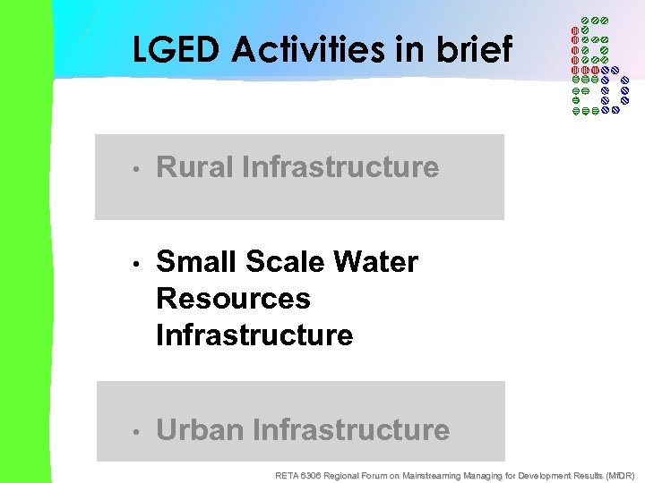 LGED Activities in brief • Rural Infrastructure • Small Scale Water Resources Infrastructure •