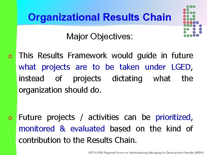 Organizational Results Chain Major Objectives: o This Results Framework would guide in future what